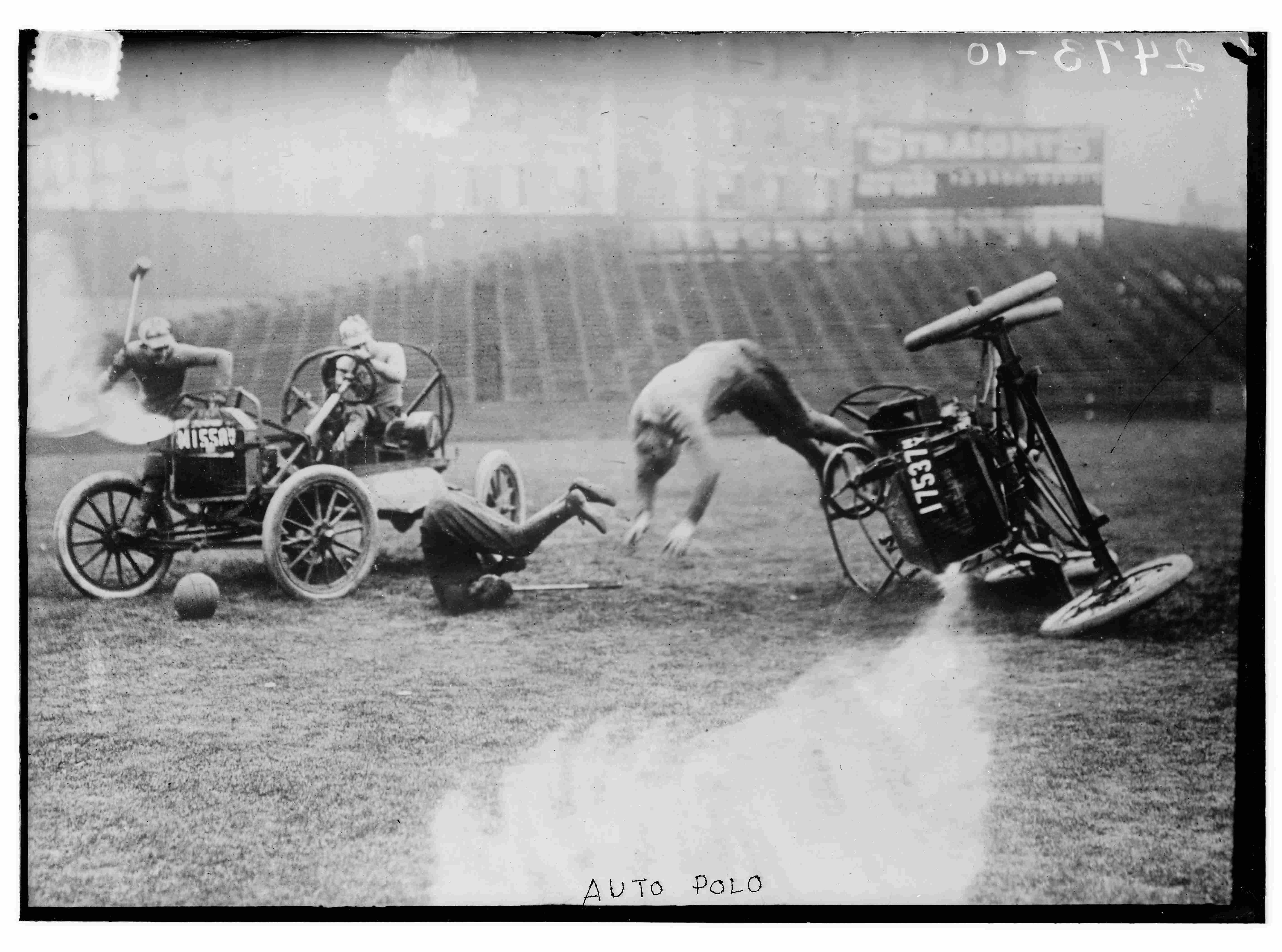 An image of an "auto-polo" match with cars being overturned and people flying through the air.